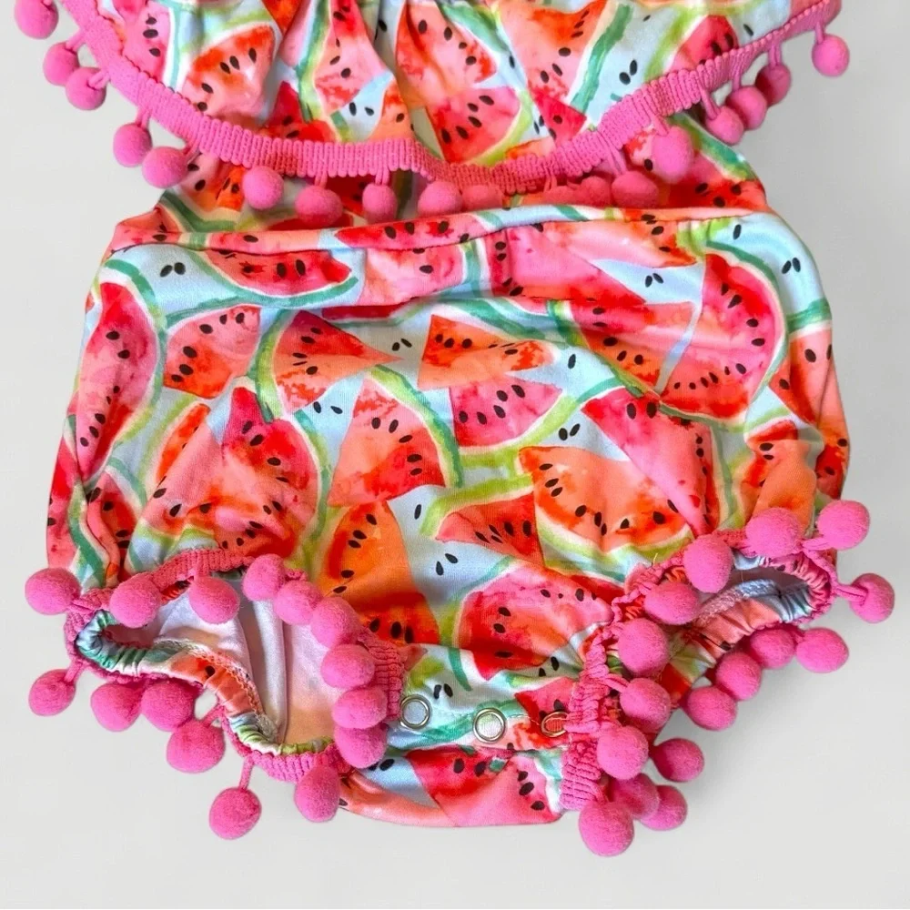 Clover Cottage Baby Boutique Watermelon Pom Pom Baby Girls Romper 0-6M NWOT - Picture 3 of 7